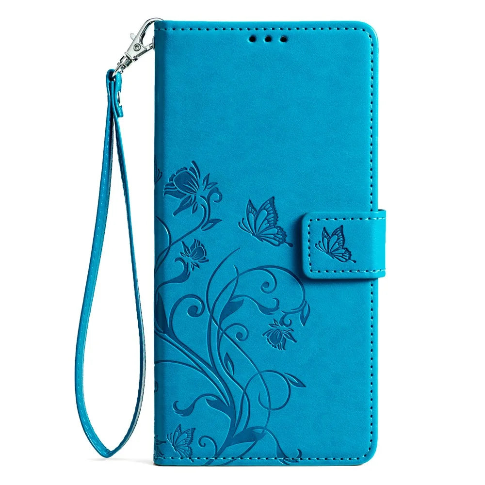 For Realme C67 4G Cover PU Leather Cell Phone Shell Butterfly Flower Stand - Blue - 7