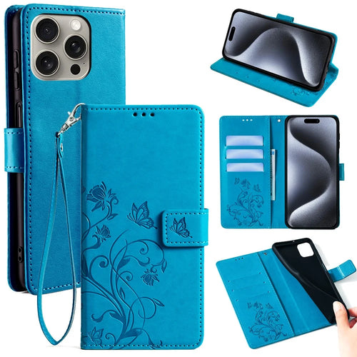 For iPhone 15 Pro Max Wallet Case Butterfly Flower Leather Phone Cover - Blue - 1
