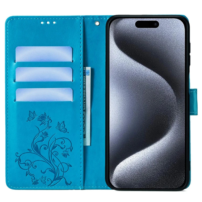For iPhone 15 Pro Max Wallet Case Butterfly Flower Leather Phone Cover - Blue - 2