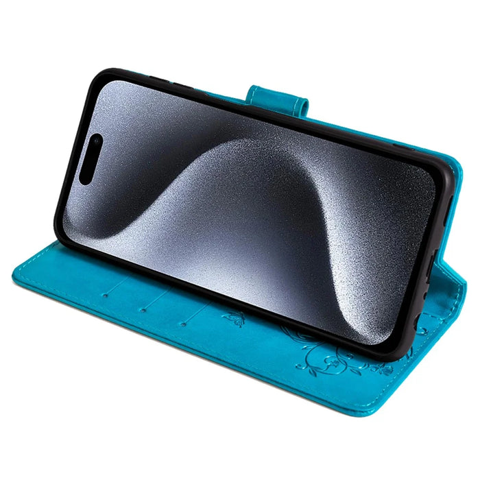 For iPhone 15 Pro Max Wallet Case Butterfly Flower Leather Phone Cover - Blue - 3
