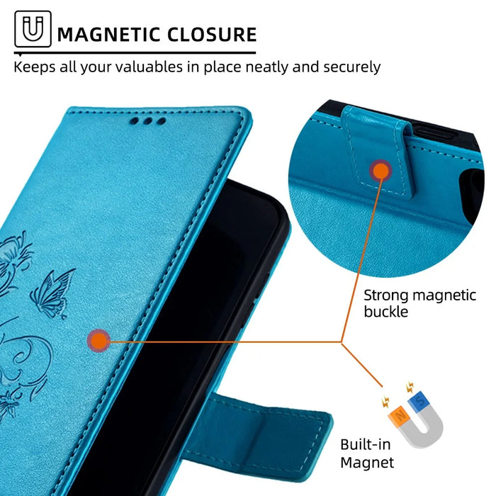 For iPhone 15 Pro Max Wallet Case Butterfly Flower Leather Phone Cover - Blue - 7