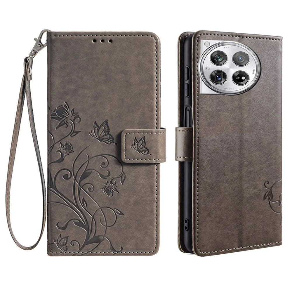 For OnePlus 12 5G Case Butterfly Flower Folding Stand Leather Cover Mobile   Accessories - Grey - 1