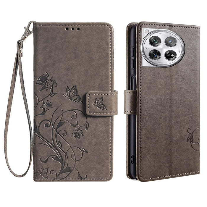 For OnePlus 12 5G Case Butterfly Flower Folding Stand Leather Cover Mobile   Accessories - Grey - 1