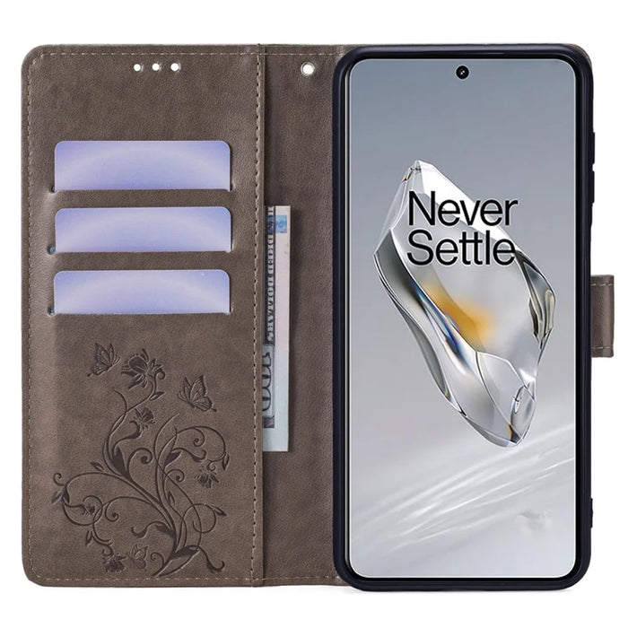 For OnePlus 12 5G Case Butterfly Flower Folding Stand Leather Cover Mobile   Accessories - Grey - 2