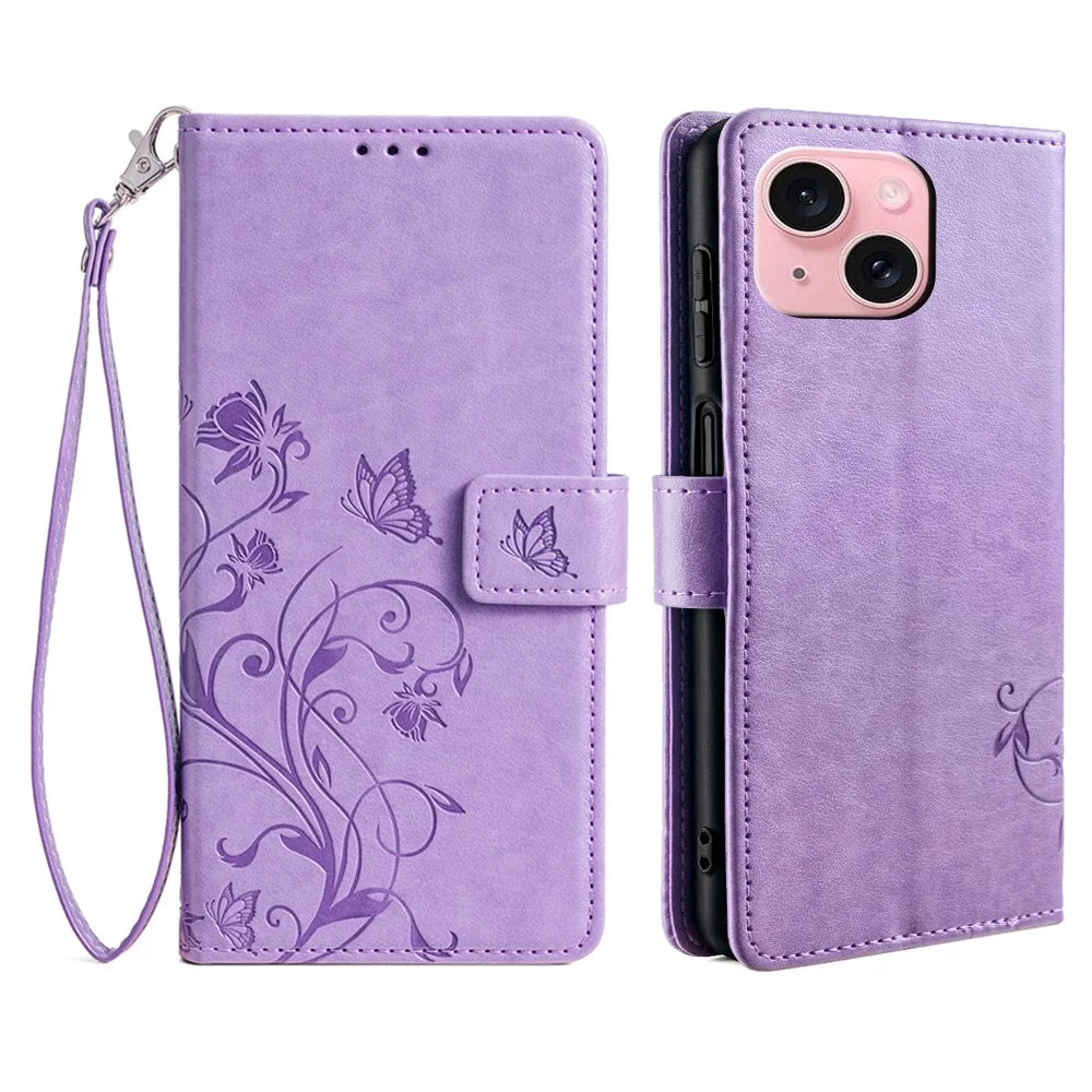 For iPhone 15 Case Butterfly Flower Imprinted Leather Phone Cover Mobile Accessories   - Purple - 1