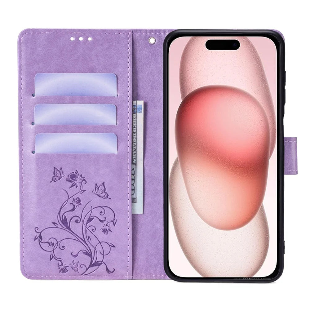 For iPhone 15 Case Butterfly Flower Imprinted Leather Phone Cover Mobile Accessories   - Purple - 2