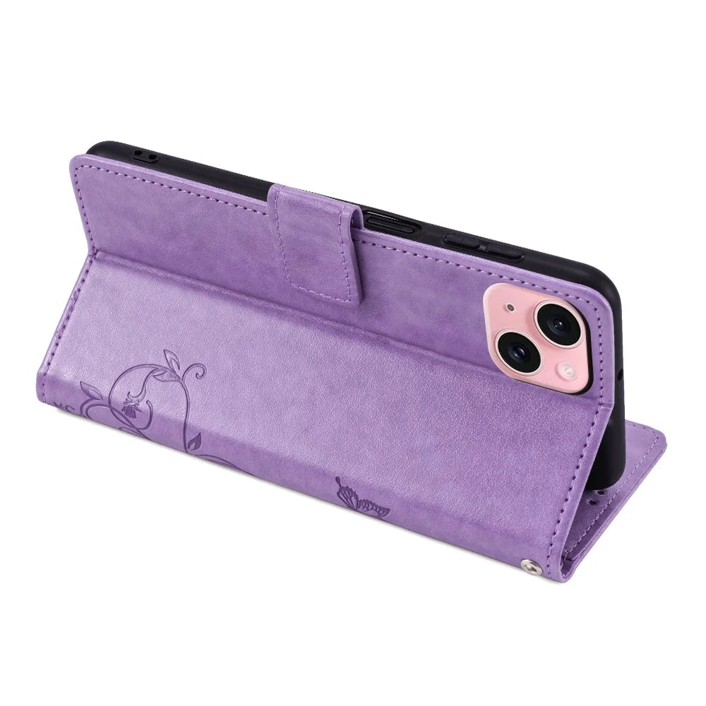For iPhone 15 Case Butterfly Flower Imprinted Leather Phone Cover Mobile Accessories   - Purple - 4