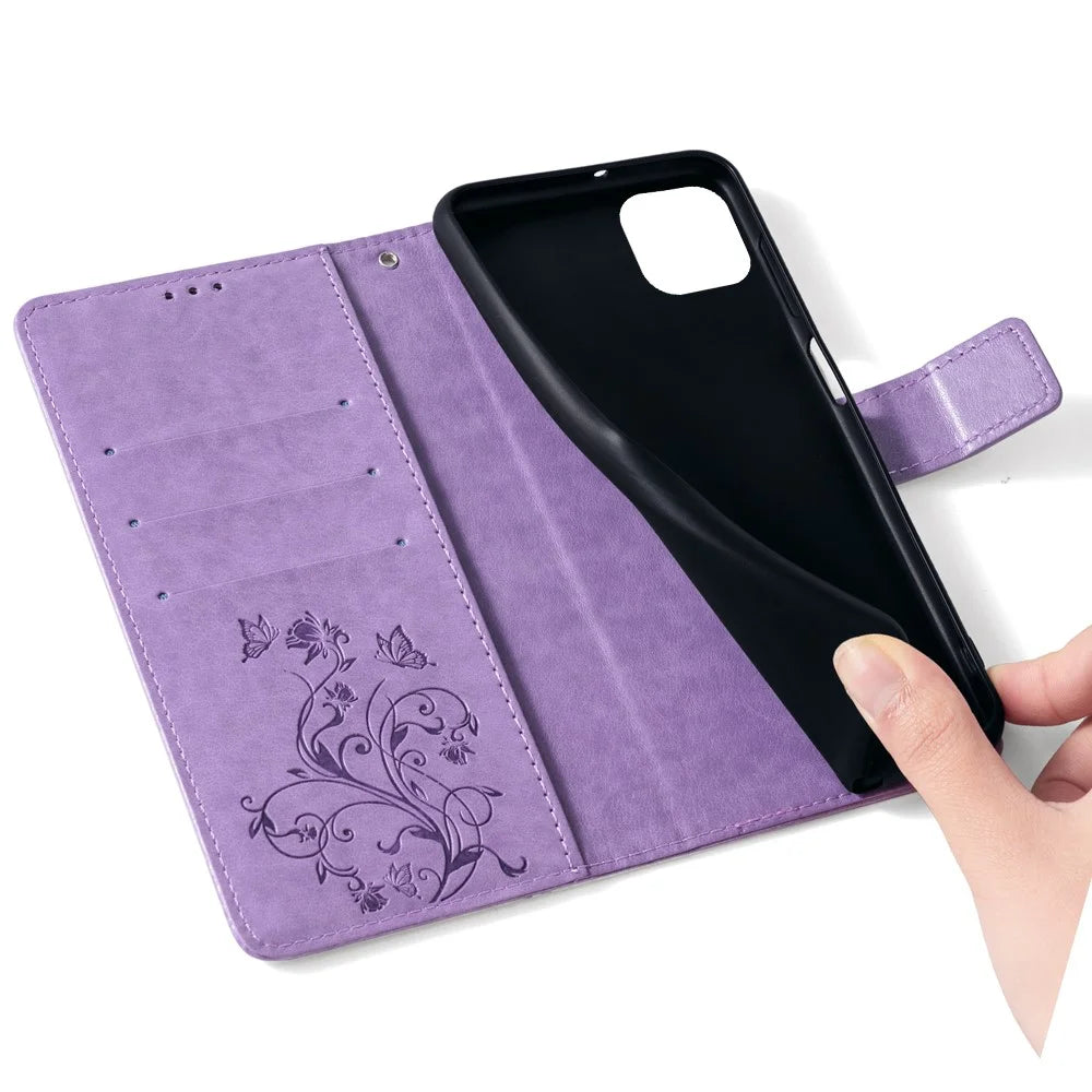 For iPhone 15 Case Butterfly Flower Imprinted Leather Phone Cover Mobile Accessories   - Purple - 5