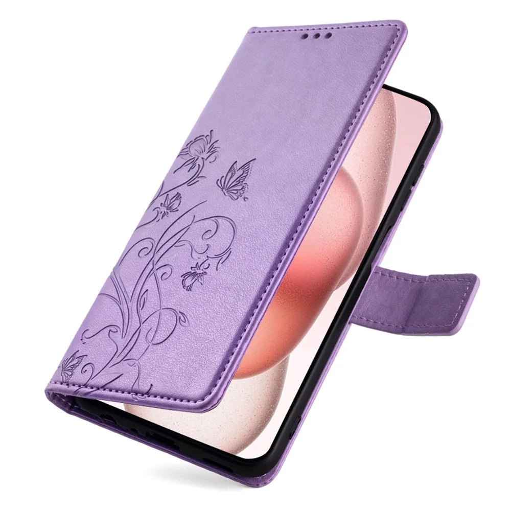 For iPhone 15 Case Butterfly Flower Imprinted Leather Phone Cover Mobile Accessories   - Purple - 6