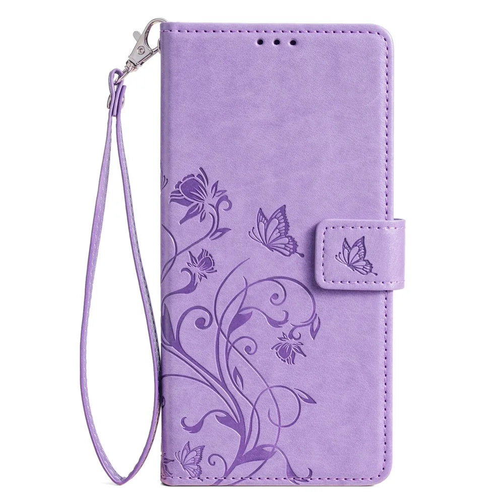 For iPhone 15 Case Butterfly Flower Imprinted Leather Phone Cover Mobile Accessories   - Purple - 7