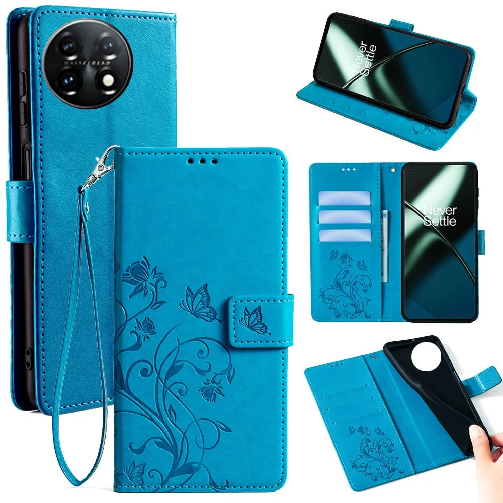 For OnePlus 11 5G Case Butterfly Flower Imprinted PU Leather Flip Phone Cover with 3 Card Slot - Blue - 1