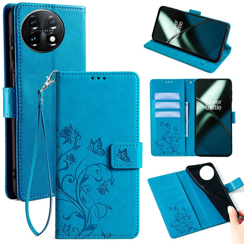 For OnePlus 11 5G Case Butterfly Flower Imprinted PU Leather Flip Phone Cover with 3 Card Slot - Blue - 1
