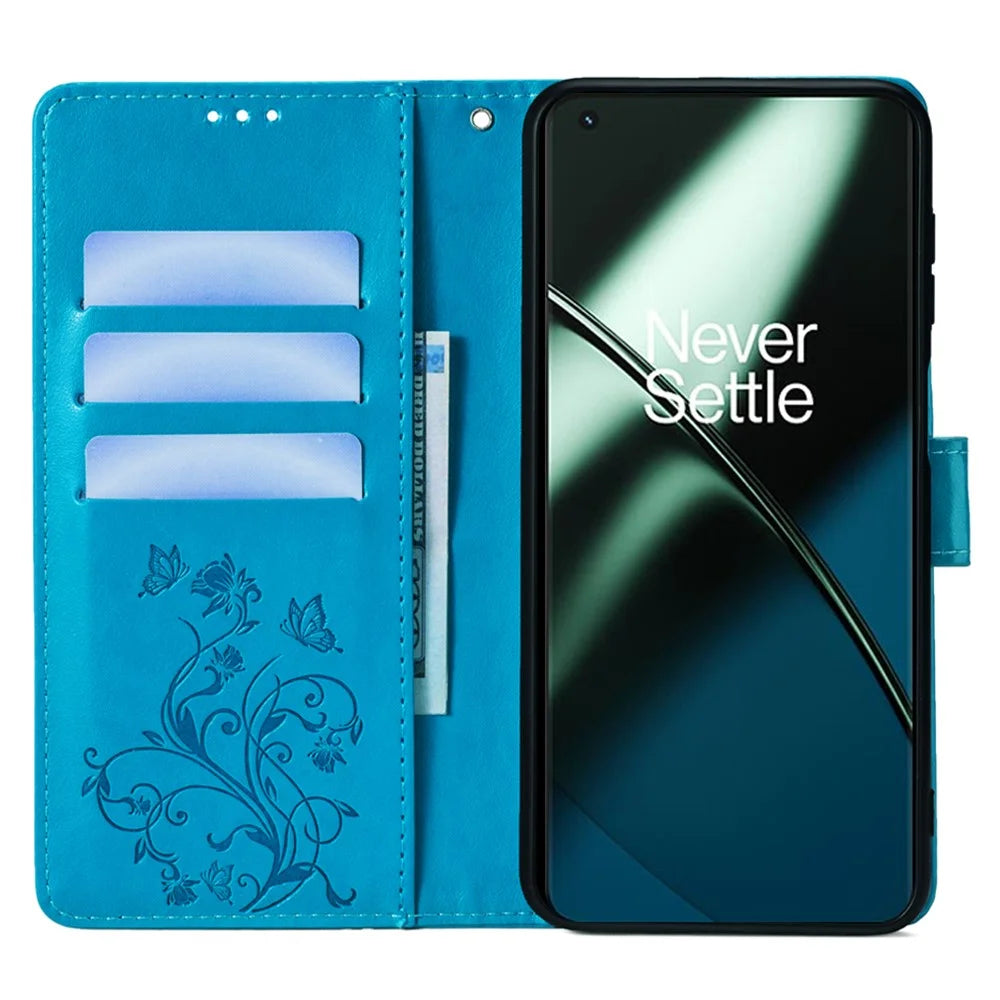 For OnePlus 11 5G Case Butterfly Flower Imprinted PU Leather Flip Phone Cover with 3 Card Slot - Blue - 2