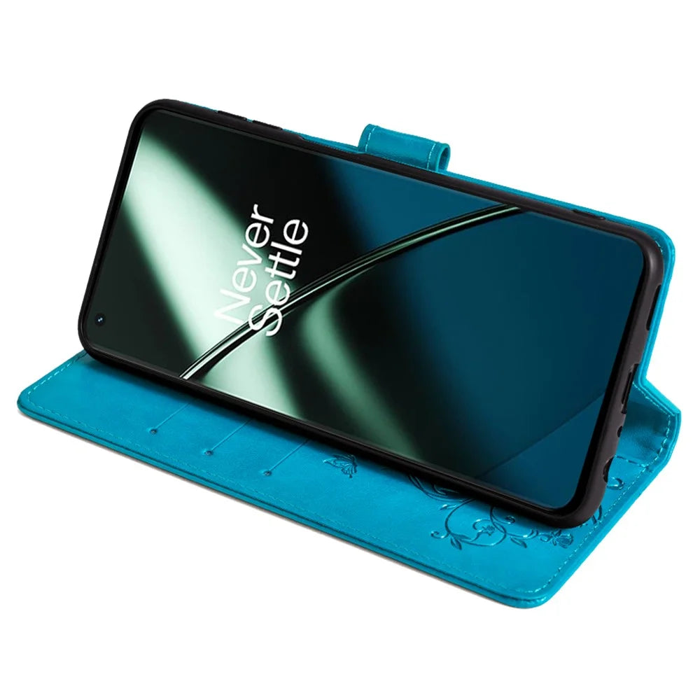 For OnePlus 11 5G Case Butterfly Flower Imprinted PU Leather Flip Phone Cover with 3 Card Slot - Blue - 3