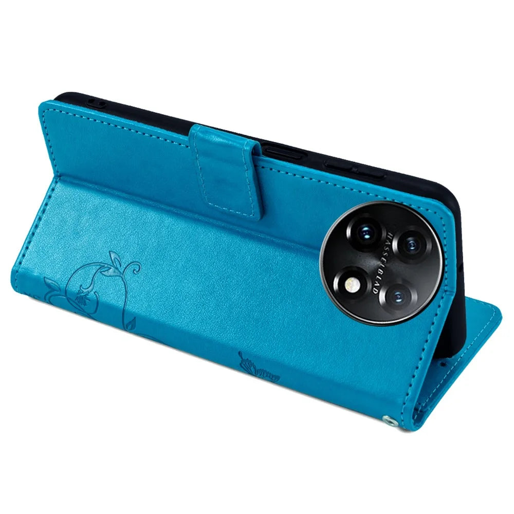 For OnePlus 11 5G Case Butterfly Flower Imprinted PU Leather Flip Phone Cover with 3 Card Slot - Blue - 4