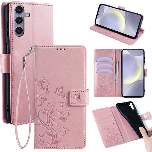 For Samsung Galaxy S24+ Case Butterfly Imprinted Leather Wallet Phone Cover with Wrist Strap - Rose Gold - 1