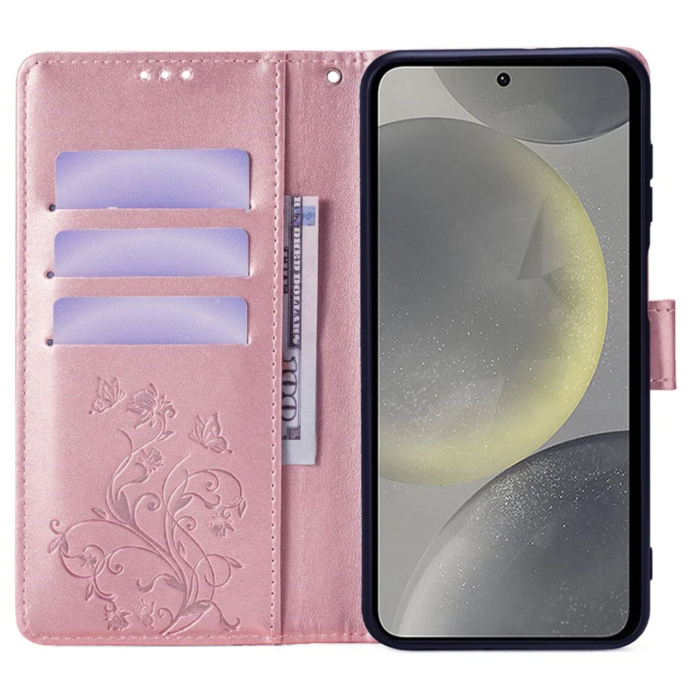 For Samsung Galaxy S24+ Case Butterfly Imprinted Leather Wallet Phone Cover with Wrist Strap - Rose Gold - 2