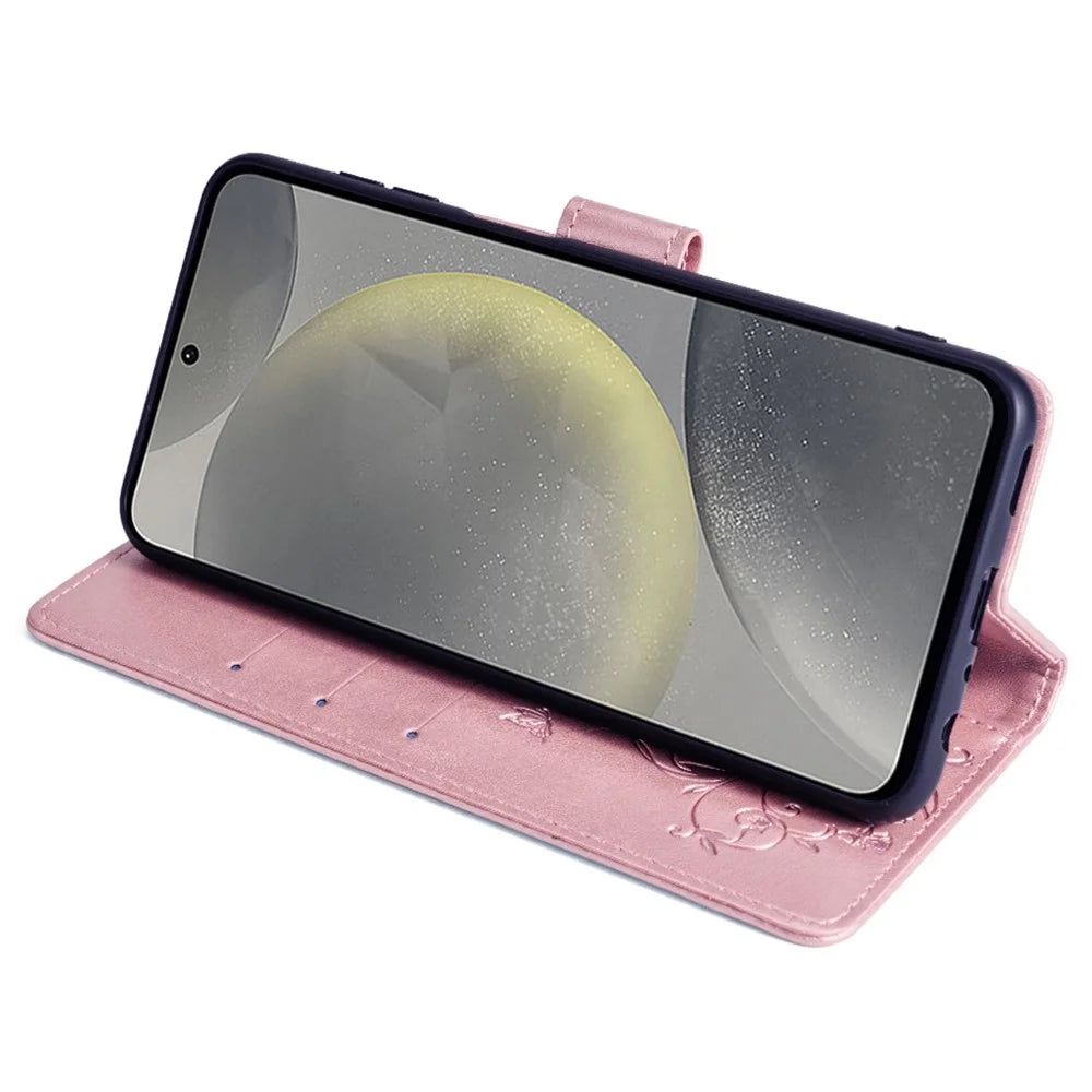 For Samsung Galaxy S24+ Case Butterfly Imprinted Leather Wallet Phone Cover with Wrist Strap - Rose Gold - 3