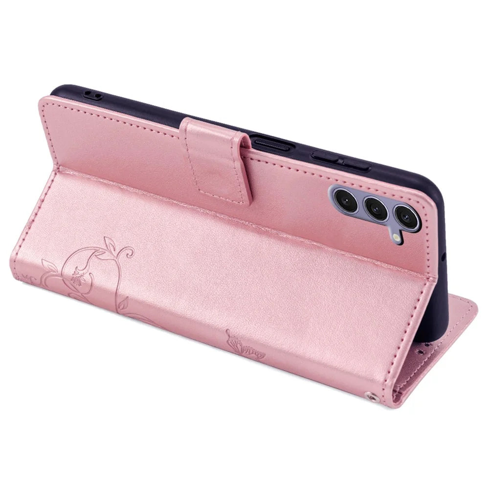 For Samsung Galaxy S24+ Case Butterfly Imprinted Leather Wallet Phone Cover with Wrist Strap - Rose Gold - 4