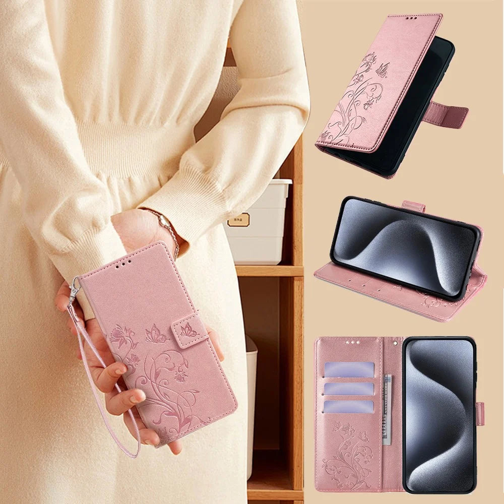 For Samsung Galaxy S24+ Case Butterfly Imprinted Leather Wallet Phone Cover with Wrist Strap - Rose Gold - 5
