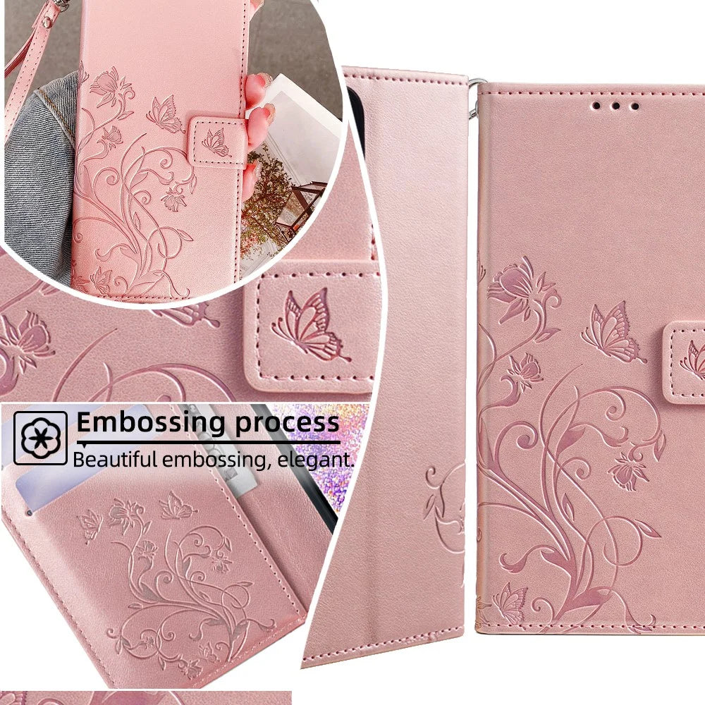 For Samsung Galaxy S24+ Case Butterfly Imprinted Leather Wallet Phone Cover with Wrist Strap - Rose Gold - 6