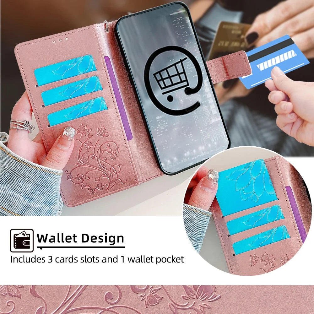For Samsung Galaxy S24+ Case Butterfly Imprinted Leather Wallet Phone Cover with Wrist Strap - Rose Gold - 7