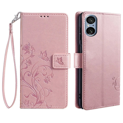 For Sony Xperia 5 V Mobile Phone Case   Butterfly Flower Folding Stand Leather Cover - Rose Gold - 1