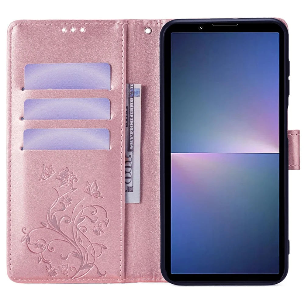 For Sony Xperia 5 V Mobile Phone Case   Butterfly Flower Folding Stand Leather Cover - Rose Gold - 2