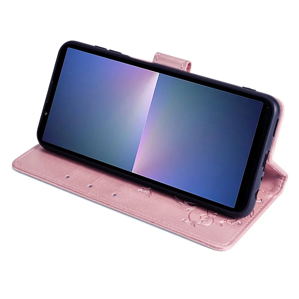 For Sony Xperia 5 V Mobile Phone Case   Butterfly Flower Folding Stand Leather Cover - Rose Gold - 3
