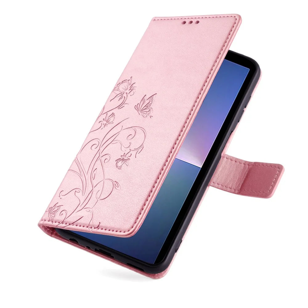 For Sony Xperia 5 V Mobile Phone Case   Butterfly Flower Folding Stand Leather Cover - Rose Gold - 5
