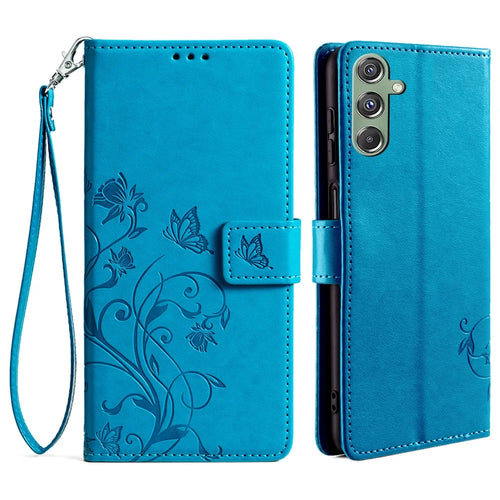 For Samsung Galaxy M34 5G / F34 5G Case PU Leather Card Slots Holder Pocket Butterfly Flower Phone Cover - Blue - 1