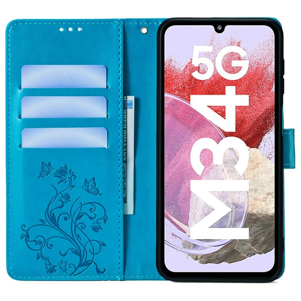 For Samsung Galaxy M34 5G / F34 5G Case PU Leather Card Slots Holder Pocket Butterfly Flower Phone Cover - Blue - 2