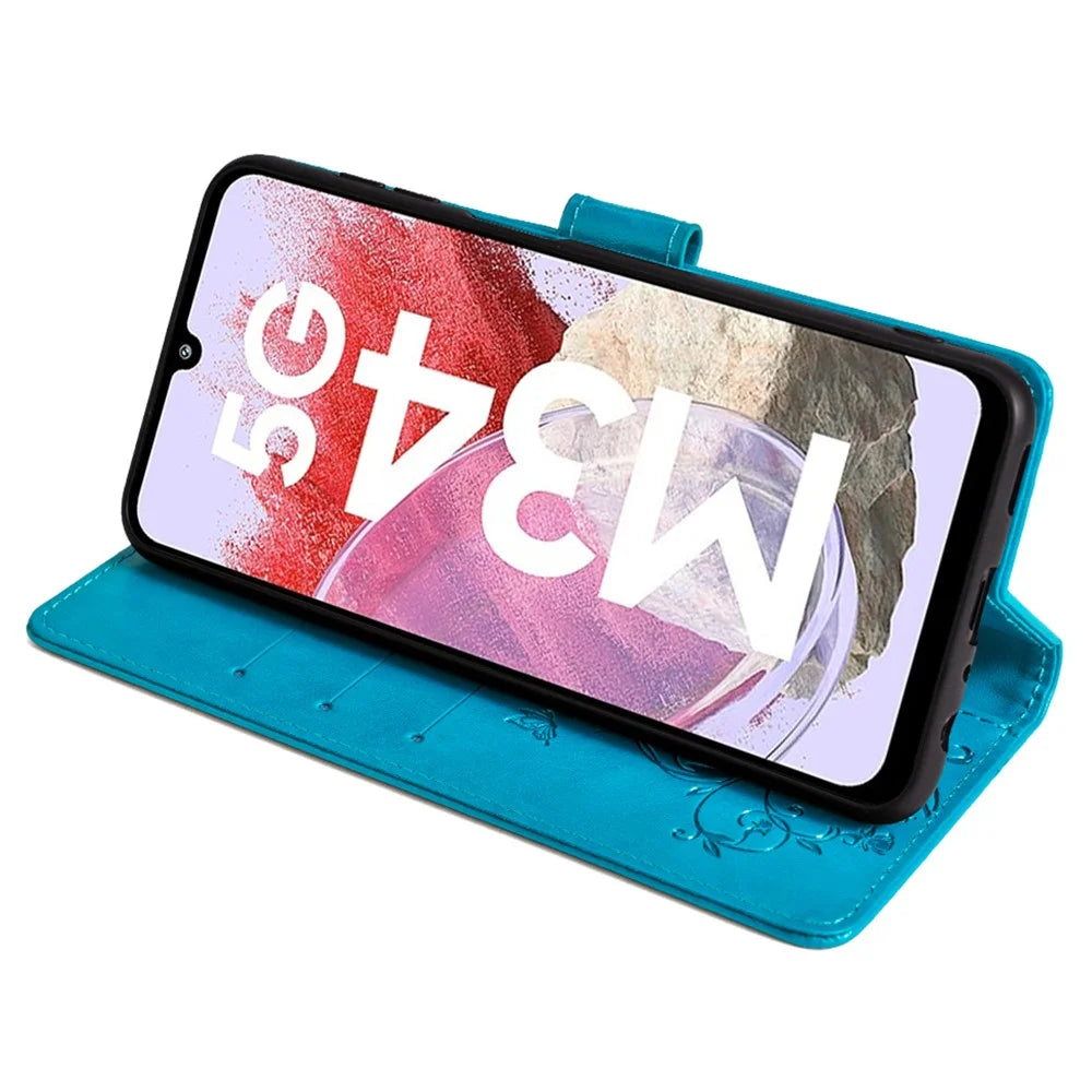 For Samsung Galaxy M34 5G / F34 5G Case PU Leather Card Slots Holder Pocket Butterfly Flower Phone Cover - Blue - 3