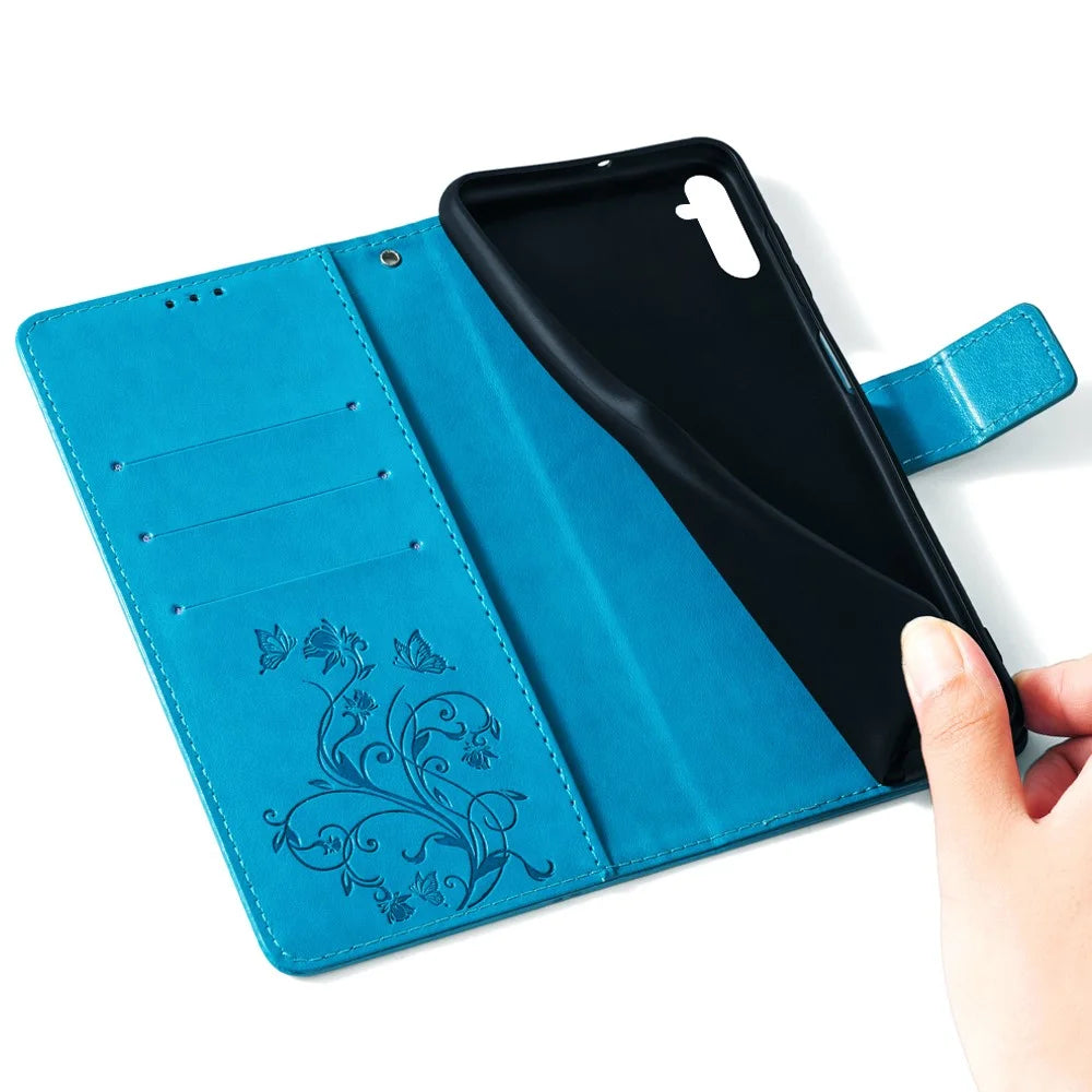 For Samsung Galaxy M34 5G / F34 5G Case PU Leather Card Slots Holder Pocket Butterfly Flower Phone Cover - Blue - 5