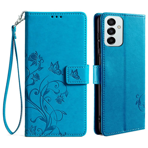 For Samsung Galaxy M23 5G / F23 5G Case Butterfly Flower PU Leather Stand Phone Cover - Blue - 1