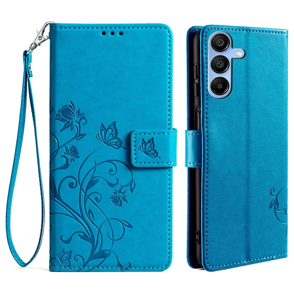 For Samsung Galaxy A15 4G / 5G Case Butterfly Flower Full Protection PU Leather Phone Cover - Blue - 1