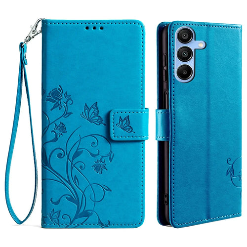 For Samsung Galaxy A15 4G / 5G Case Butterfly Flower Full Protection PU Leather Phone Cover - Blue - 1