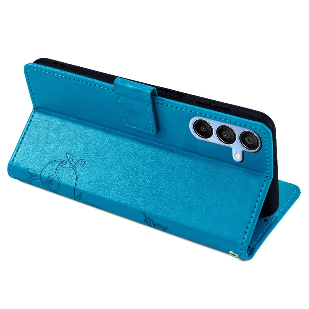 For Samsung Galaxy A15 4G / 5G Case Butterfly Flower Full Protection PU Leather Phone Cover - Blue - 4