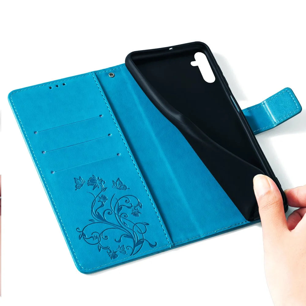 For Samsung Galaxy A15 4G / 5G Case Butterfly Flower Full Protection PU Leather Phone Cover - Blue - 5
