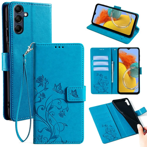 For Samsung Galaxy M14 5G Phone Case Butterfly Flower Imprinted Leather Flip Cover with Wrist Strap - Blue - 1