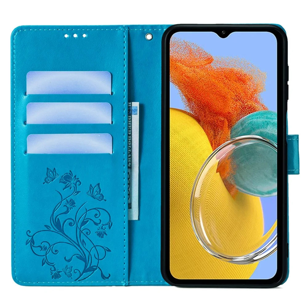 For Samsung Galaxy M14 5G Phone Case Butterfly Flower Imprinted Leather Flip Cover with Wrist Strap - Blue - 2