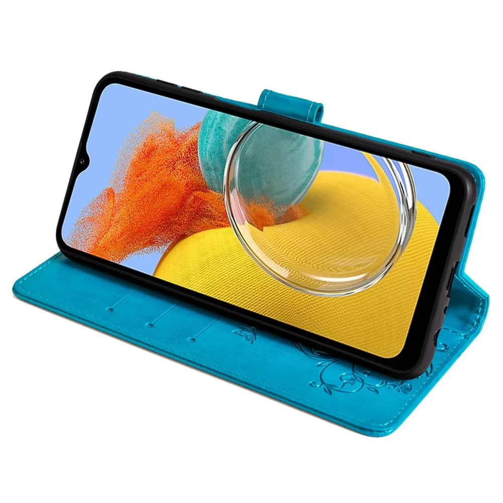 For Samsung Galaxy M14 5G Phone Case Butterfly Flower Imprinted Leather Flip Cover with Wrist Strap - Blue - 3