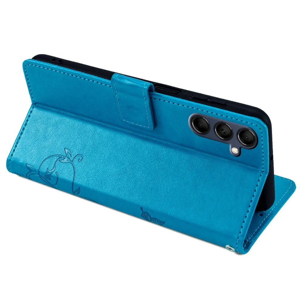 For Samsung Galaxy M14 5G Phone Case Butterfly Flower Imprinted Leather Flip Cover with Wrist Strap - Blue - 4