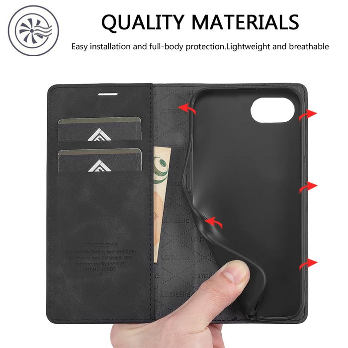 LC.IMEEKE For iPhone 17e / 16e Case Scratch-Proof Microfiber Leather Magnetic Closing Phone Cover - Black - 6