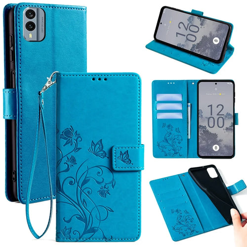 For Nokia X30 5G Case with Hand Strap Wallet Flip PU Leather Butterfly Flower Phone Cover - Blue - 1