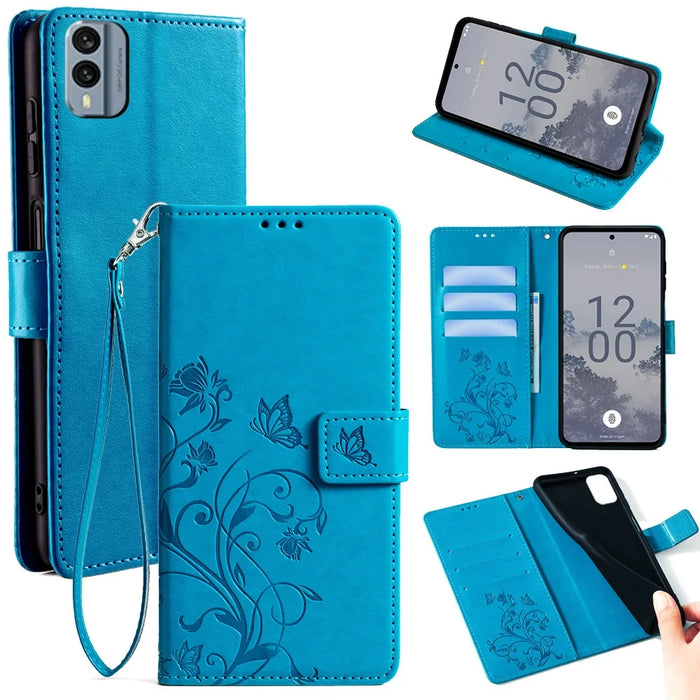 For Nokia X30 5G Case with Hand Strap Wallet Flip PU Leather Butterfly Flower Phone Cover - Blue - 1
