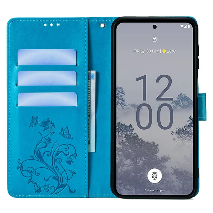 For Nokia X30 5G Case with Hand Strap Wallet Flip PU Leather Butterfly Flower Phone Cover - Blue - 2