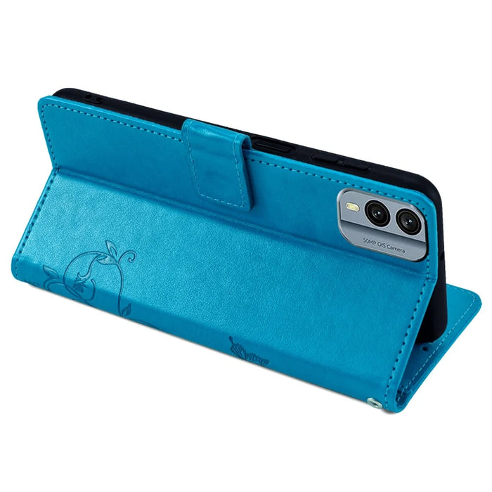 For Nokia X30 5G Case with Hand Strap Wallet Flip PU Leather Butterfly Flower Phone Cover - Blue - 4