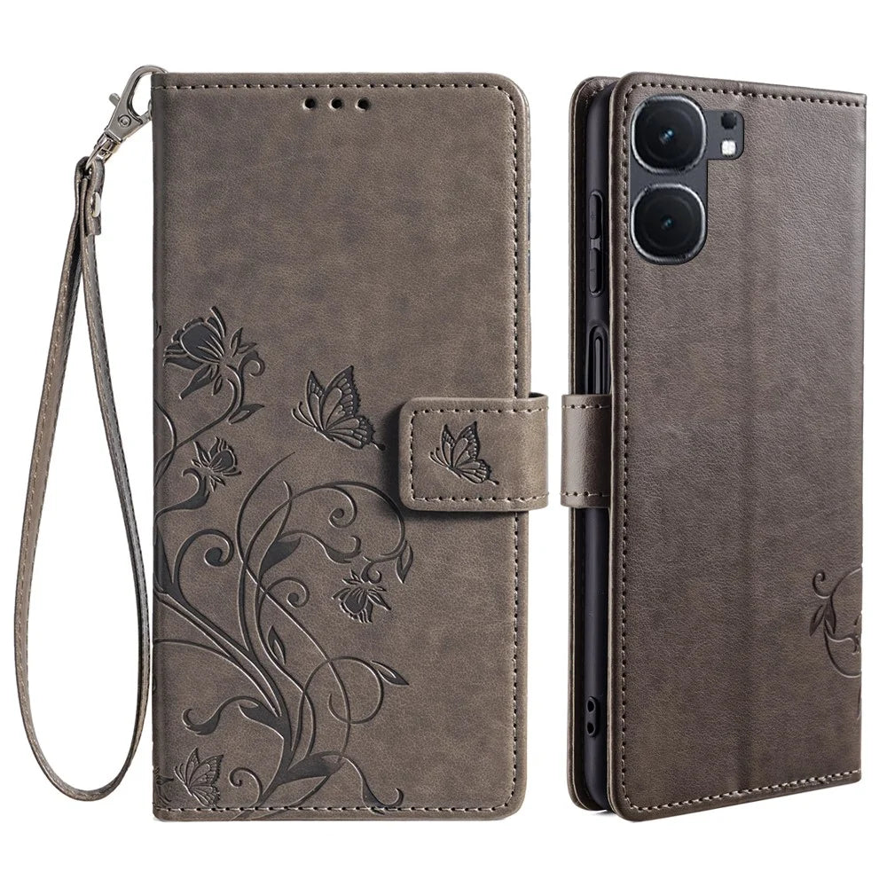 For vivo iQOO Neo9 5G / Neo9 Pro 5G Case PU Leather Butterfly Floral Flip Stand Phone Cover - Grey - 1