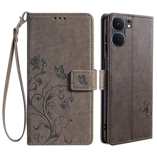 For vivo iQOO Neo9 5G / Neo9 Pro 5G Case PU Leather Butterfly Floral Flip Stand Phone Cover - Grey - 1
